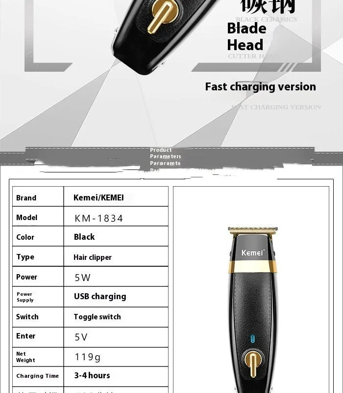 KM1834 rechargeable electric hair clipper with five limit combs, USB cable, lubricant, and brush on a table