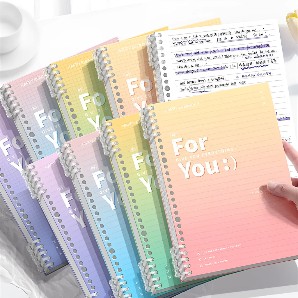 Removable coil gradient notebook with wood-free paper pages in green, blue, pink, or purple cover options
