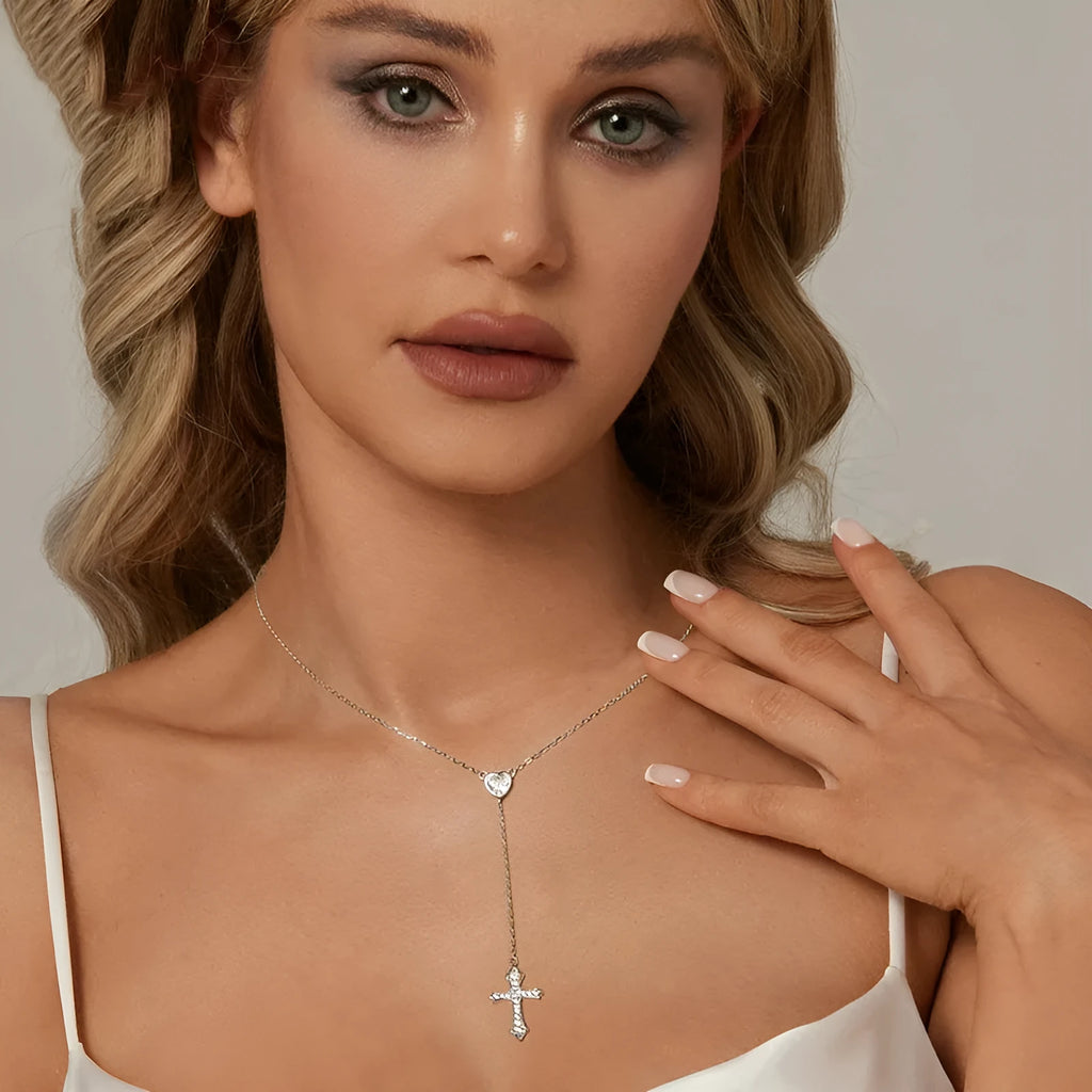 Women's 925 silver love cross pendant necklace with O-ring chain in BSN384 colour