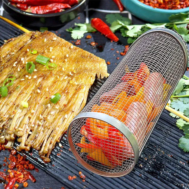 Stainless steel cylindrical rolling barbecue grill basket with wire mesh, shown with a hook.