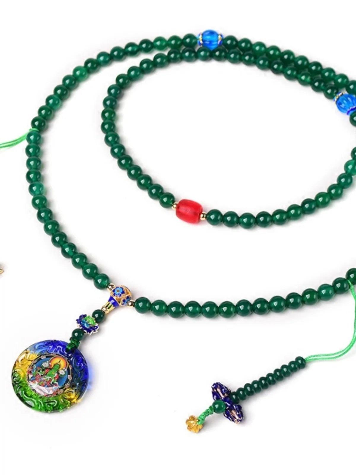 Handmade natural green agate bracelet with 108-bead thangka pendant and multi-circle ornamentation