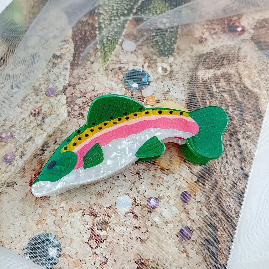 Dark green PVC hair clip with printed rainbow trout and carp design