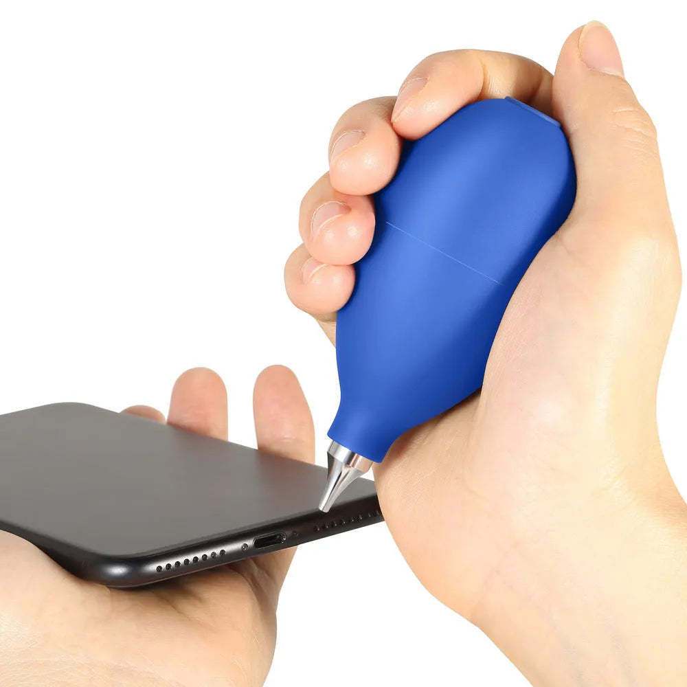 Blue and black handheld rubber dust blower for cleaning cameras and phones.