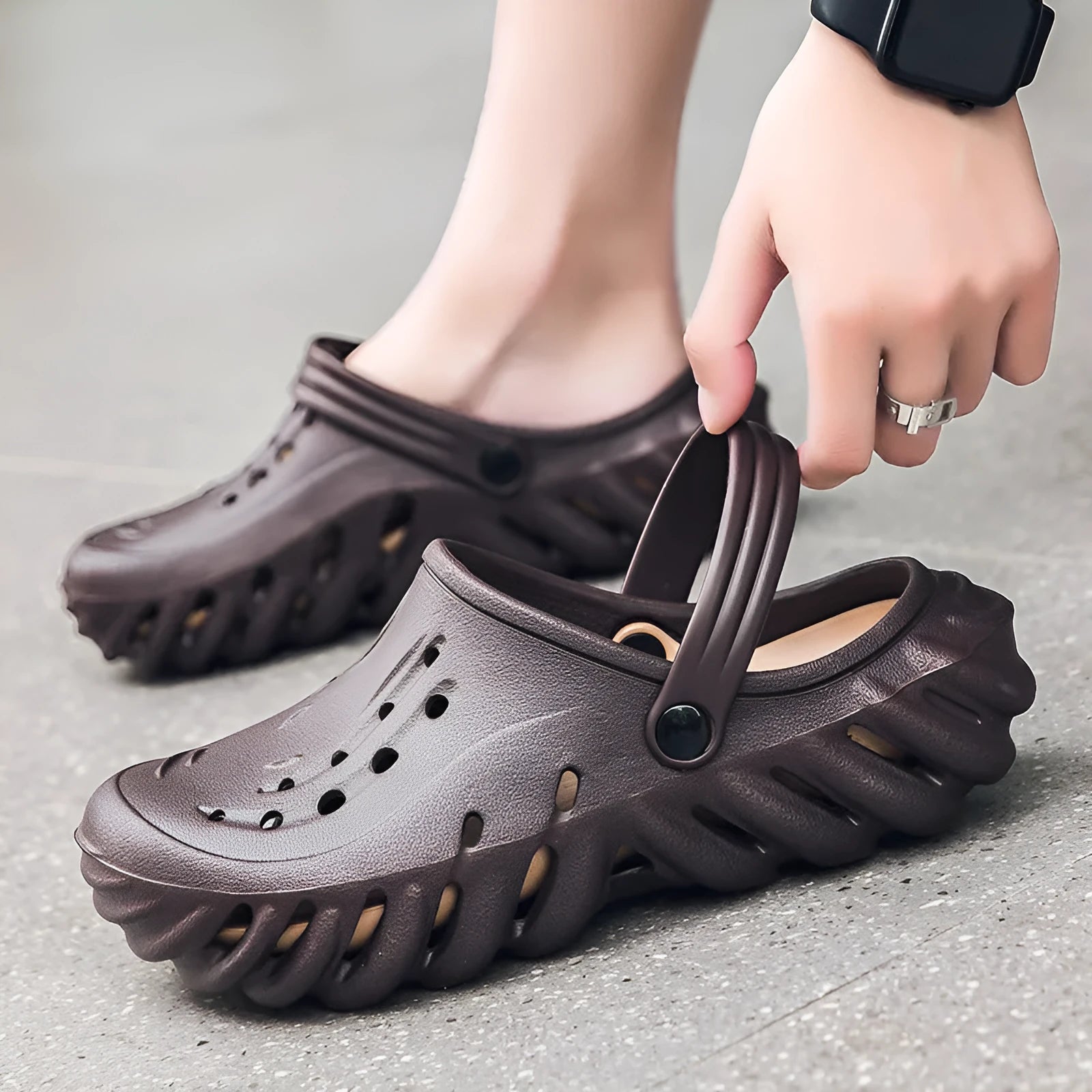 Men's beige EVA slipper sandals with hollow-out design and non-slip soles