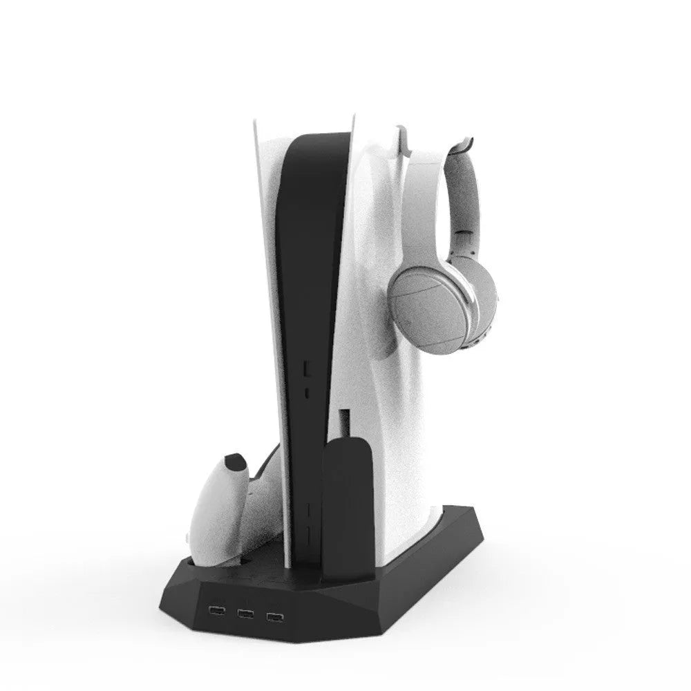 PS5 charging base and radiator stand in black or white with controller charging ports