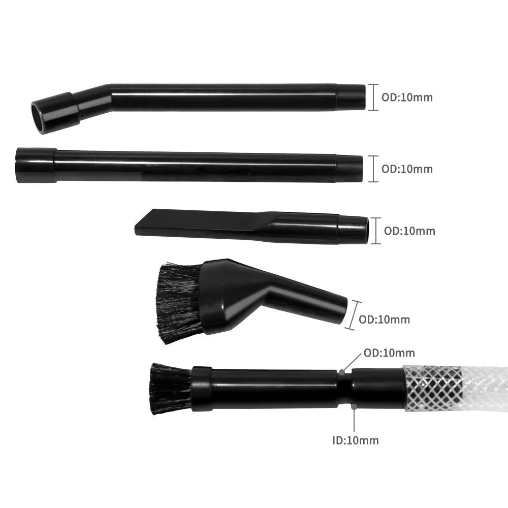Eight-piece set of vacuum cleaner suction heads and nozzles for compact space cleaning.