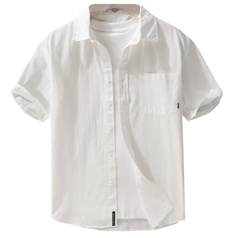 Mens casual cotton short sleeve shirt in loose cardigan style for summer wear