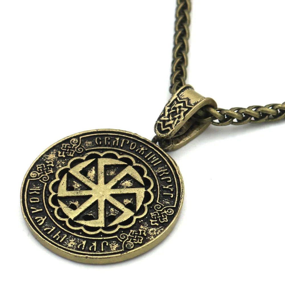 Lunavin logo alloy pendant necklace with leather rope and snake chain in antique silver or bronze finish.