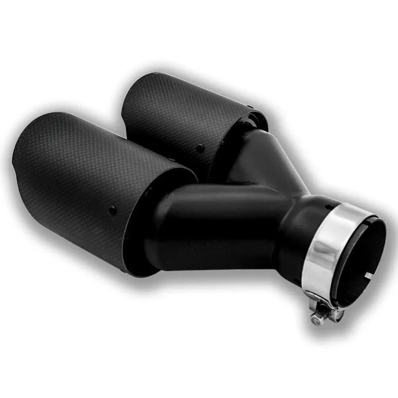 Black carbon fibre dual outlet exhaust pipe measuring 250mm for vehicle modification