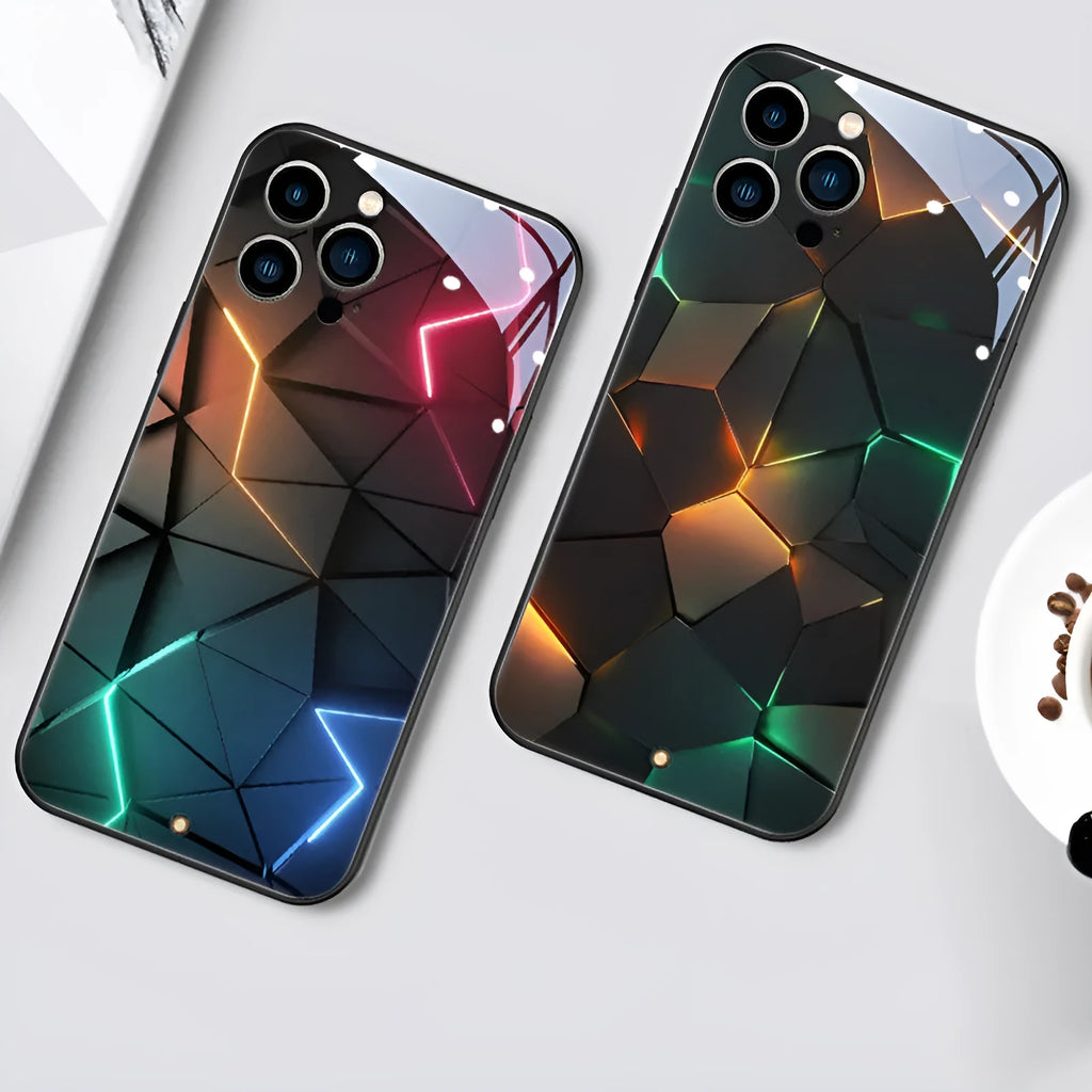 iPhone mobile phone case with illuminated incoming light feature and a transparent toughened glass back.