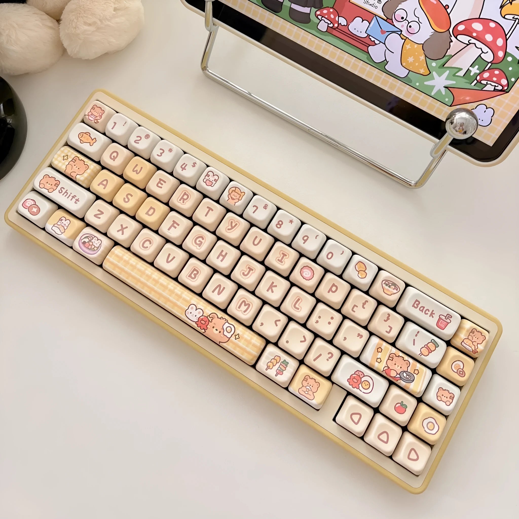 Set of 140 PBT keyboard key caps with Rabbit Bear Restaurant theme in EOA height profile.