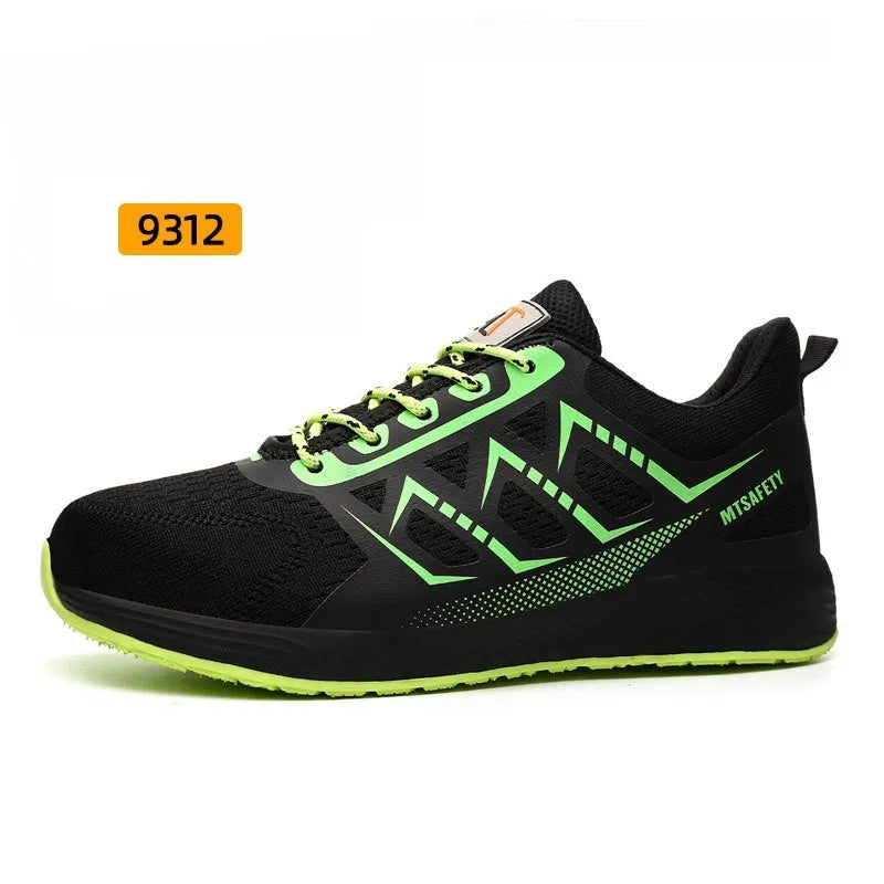 Black lace-up safety shoes with flat knitted uppers and a rubber sole, featuring a steel toe cap.