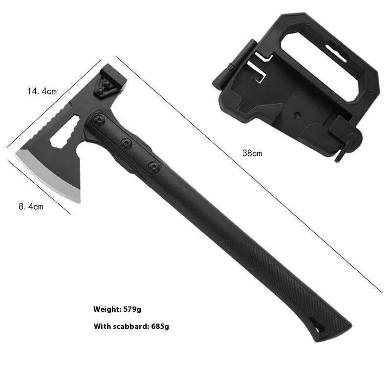 Stainless steel multi-functional camping axe with ABS handle showing four model variations