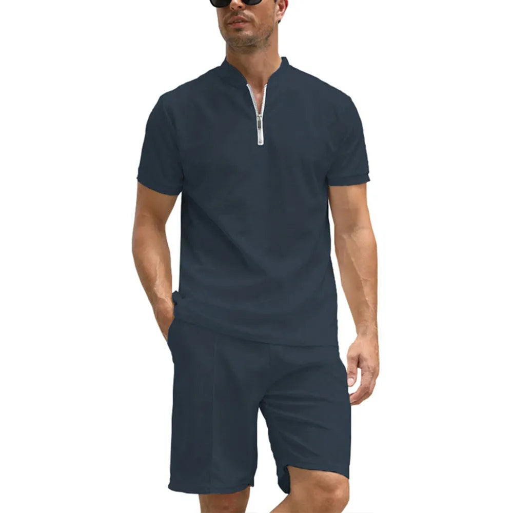 Men's solid colour polo shirt and matching trousers two-piece set in beaded bird's eye fabric