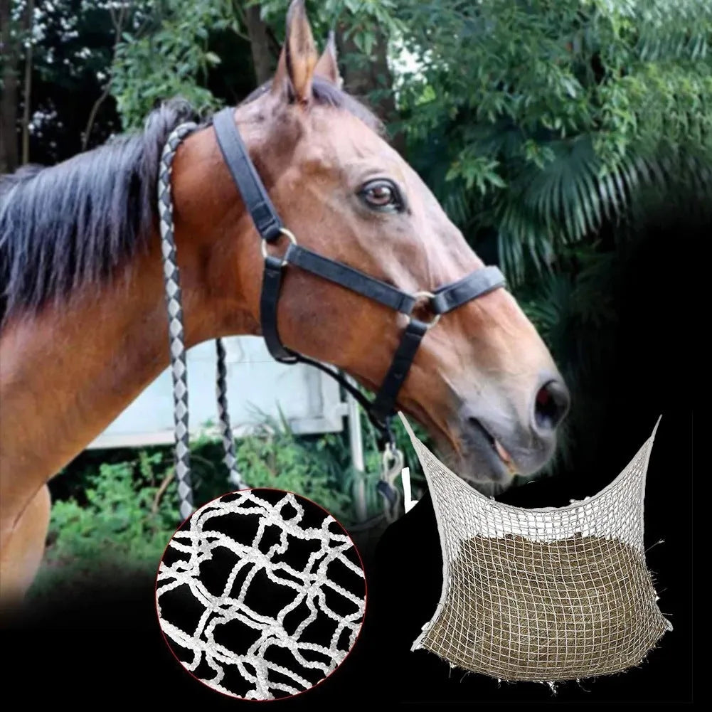 Black woven PE rope grid hanging feeding bag for horses and cattle.