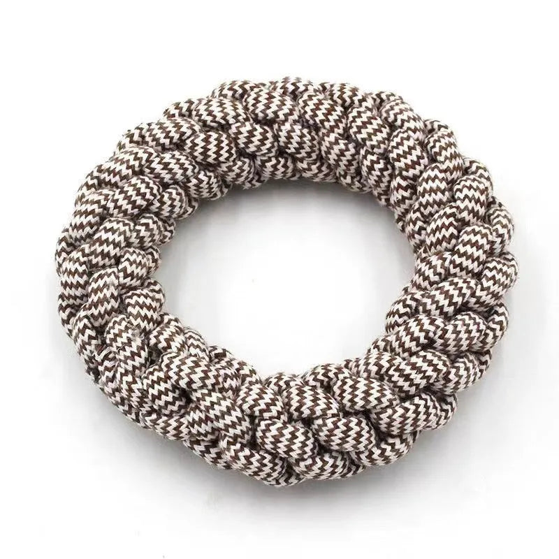Cotton braided ring dog chew toy approximately 18cm in diameter with knot details