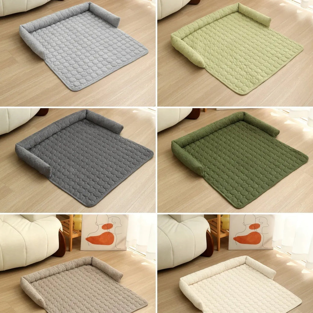 Thick corduroy pet bed mat with neck pillow in beige, 75x75cm, on a floor