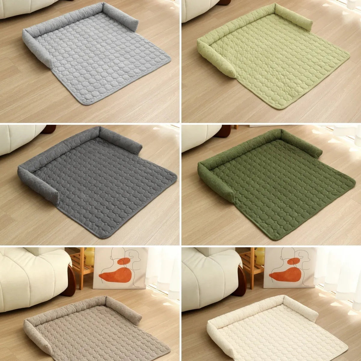 Thick corduroy pet bed mat with neck pillow in beige, 75x75cm, on a floor