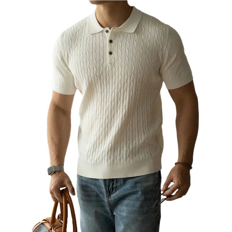 Men's khaki short sleeve top for business wear, showing front view on a model.