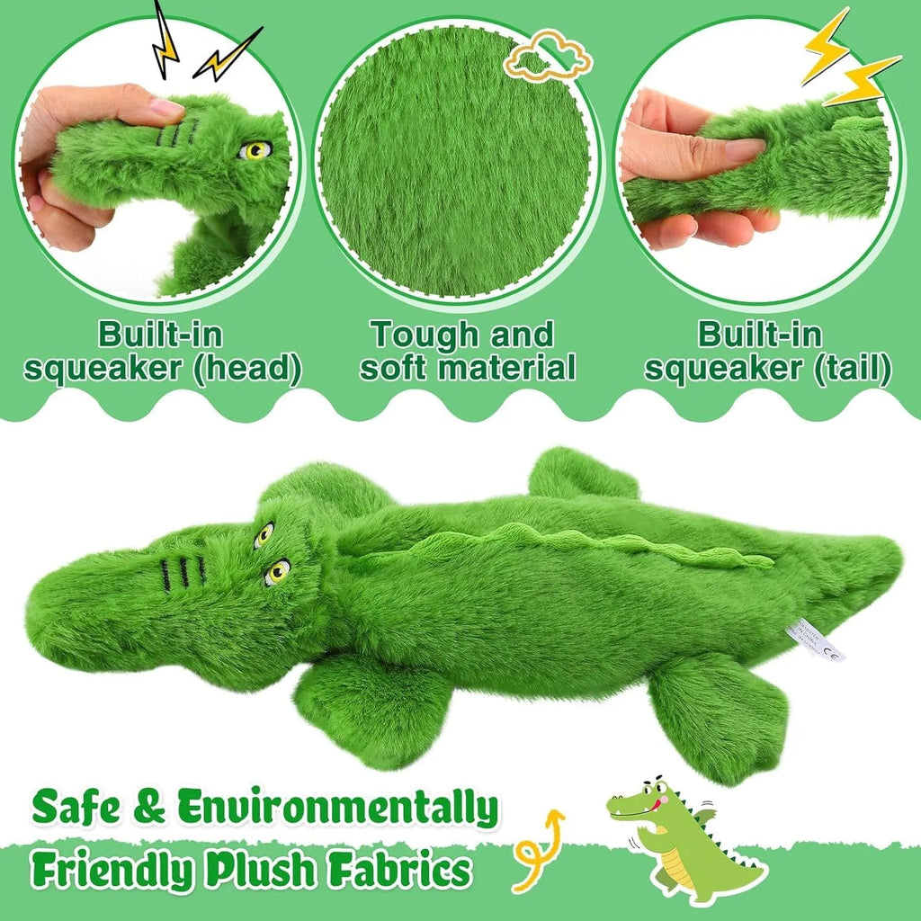 Green crocodile-shaped dog toy with squeaker and crinkle features for aggressive chewers