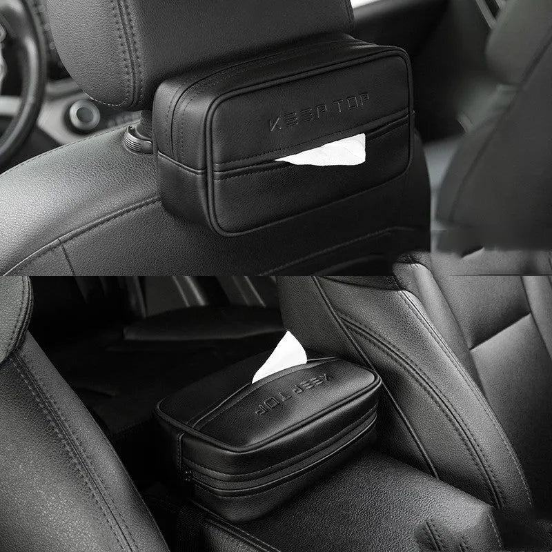 Black PU leather car hanging storage box with adjustable divider shown open.