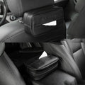 Black PU leather car hanging storage box with adjustable divider shown open.