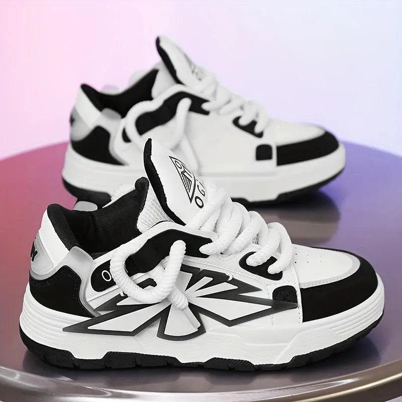 Men's thick bottom chunky sneakers with cartoon patterns in black, white, and blue colour options