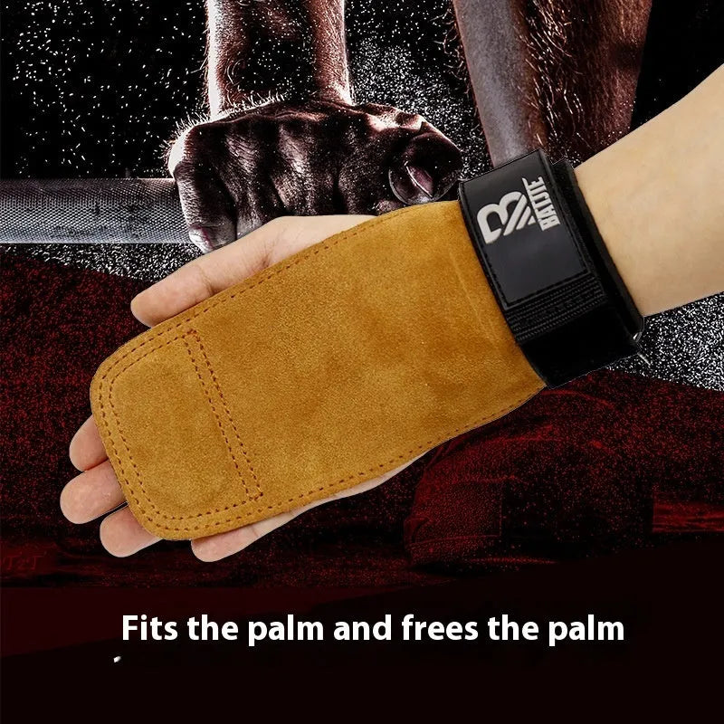 A pair of brown wristband hand protectors for pull-up and bar fitness exercises.