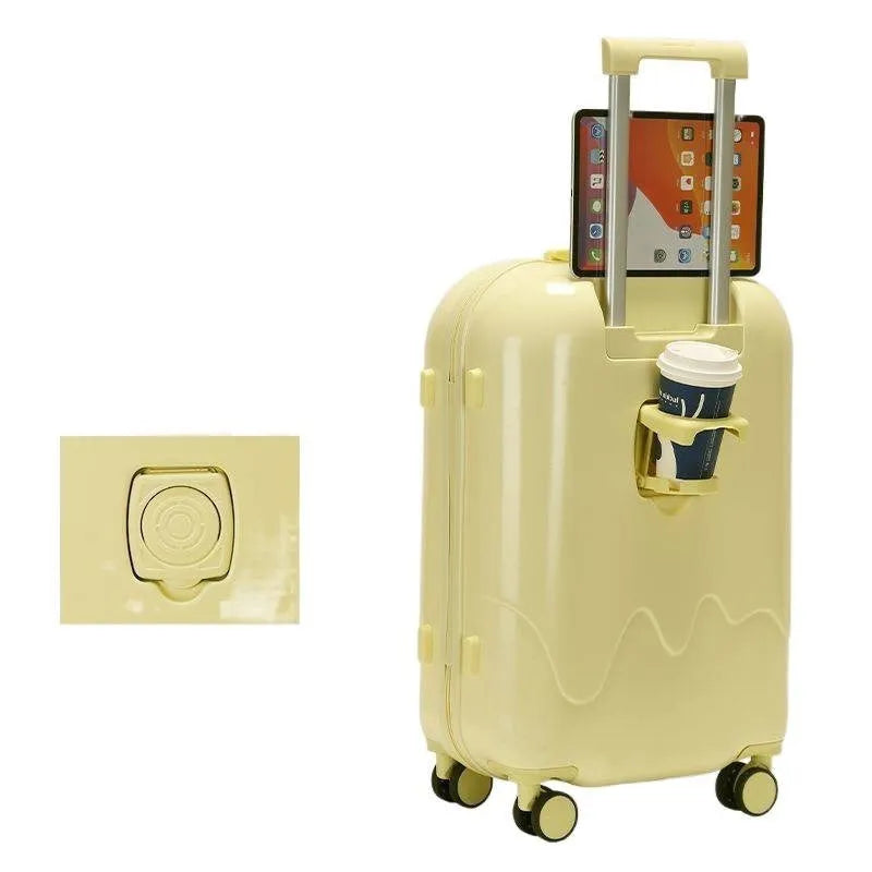Ice cream pattern lightweight suitcase in lemon yellow with universal wheels and charging interface