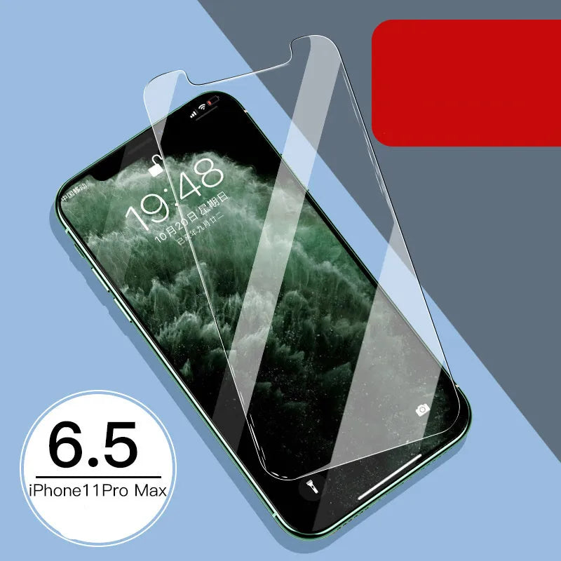iPhone 11 Pro Max tempered glass screen protector with rear film showing 10D explosion-proof edges.
