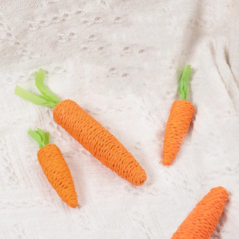 Cat toys collection showing carrot paper toys with ringing stones and tooth grinding sticks in L and S sizes