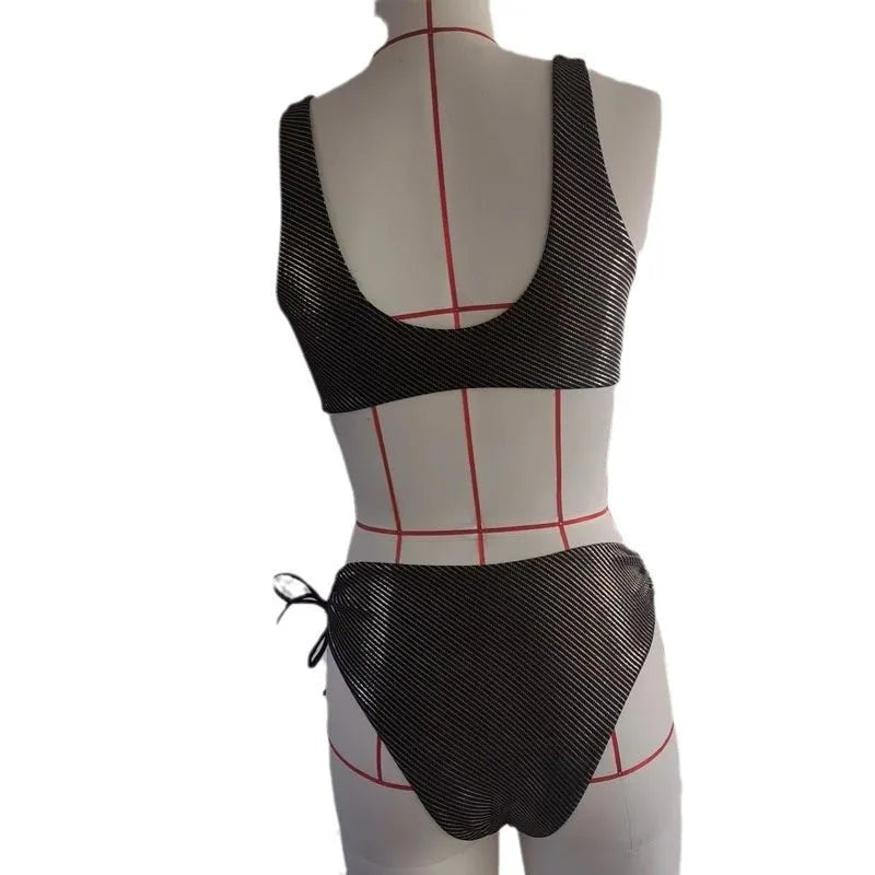 Black women's triangle swimsuit with 3D stereo design on a mannequin