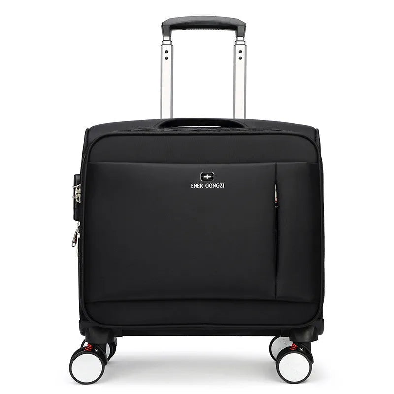 Black 18-inch oxford cloth business luggage suitcase with a retractable handle and wheels.