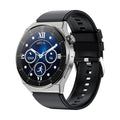 Black Bluetooth smart watch with round 1.36 inch screen and silicone strap displaying call interface