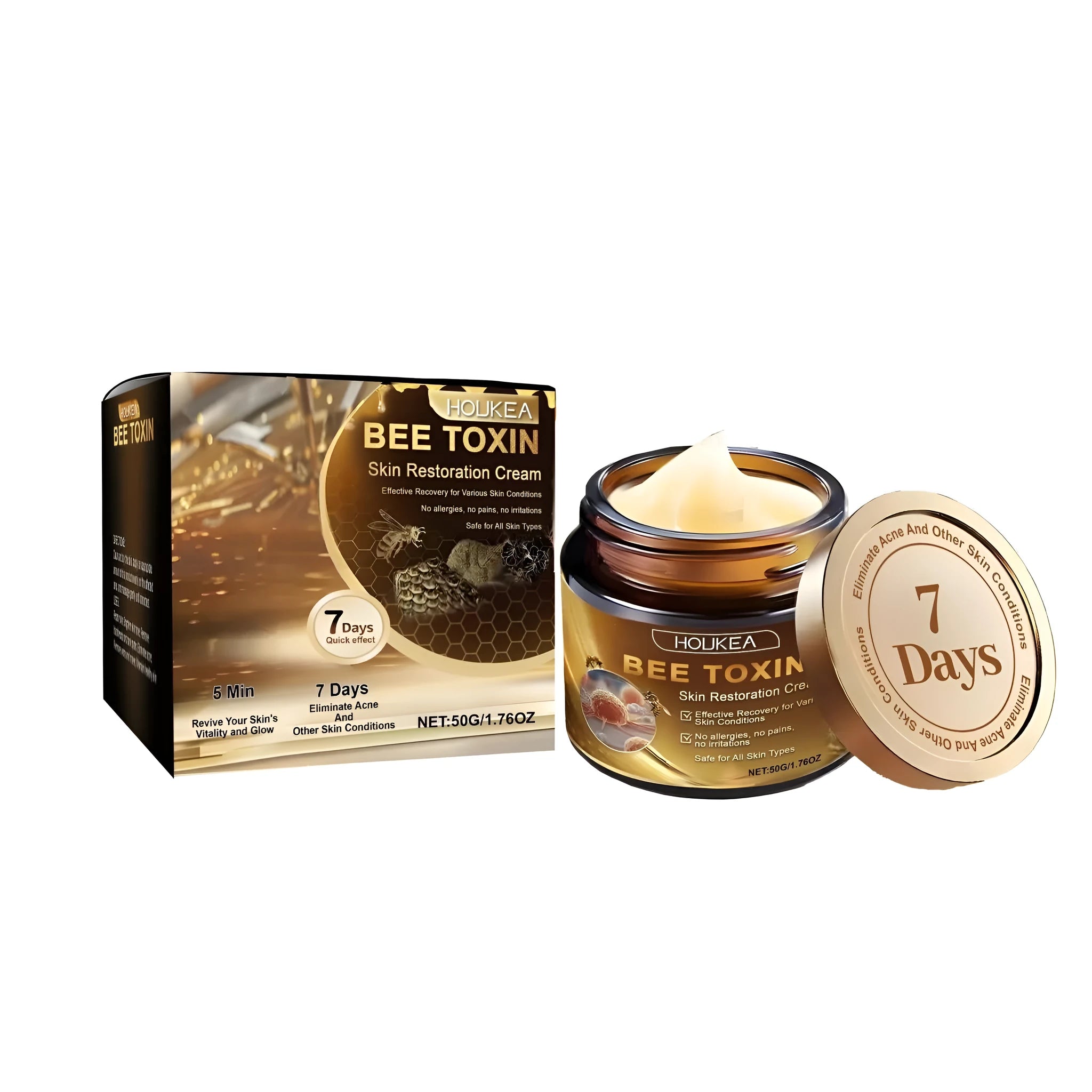50g tube of bee venom and botulinum skincare cream with listed ingredients including glycerin and allantoin.