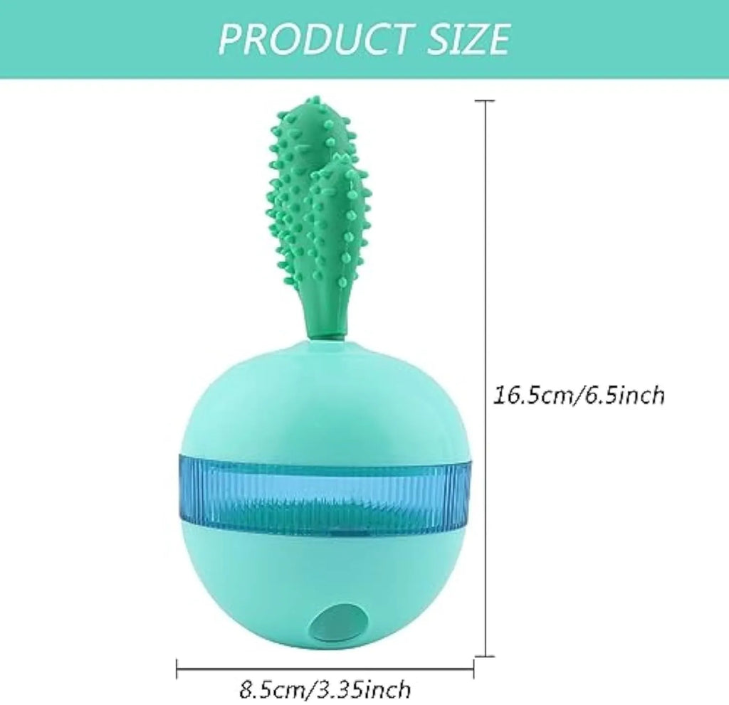 Blue durable rubber dog toy with treat dispensing holes and tumbler design