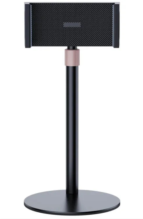Black lifting metal bracket holding a tablet, showing its telescopic arm extended.