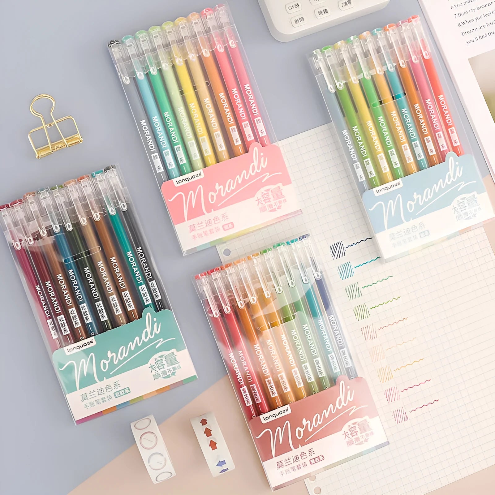 Set of nine retro colour gel pens with 0.5mm needle tips arranged in a row