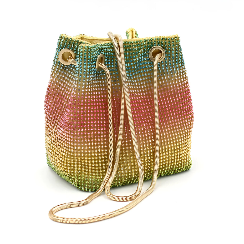 Colourful rainbow glitter rhinestone bucket bag with an adjustable metal chain strap.