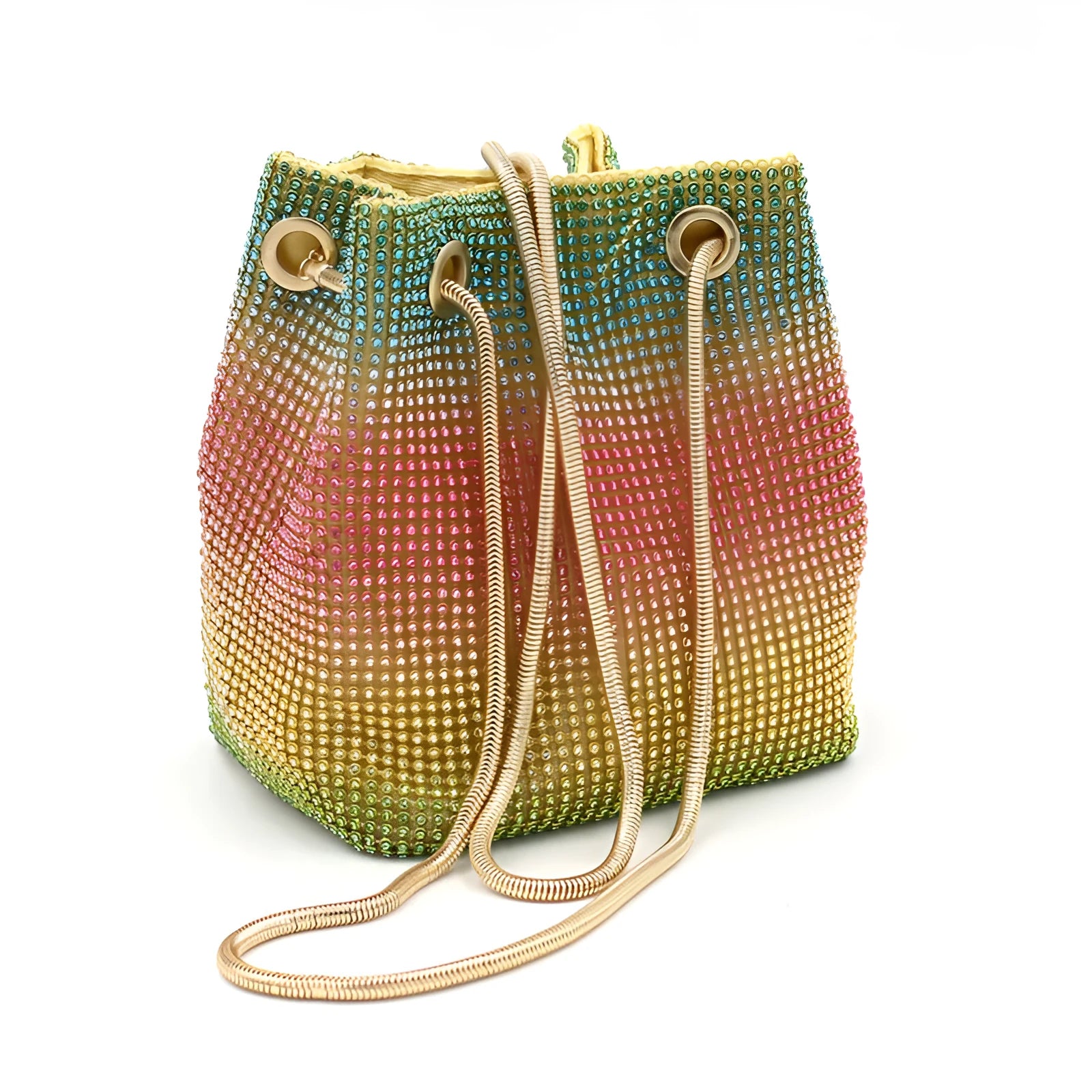 Colourful rainbow glitter rhinestone bucket bag with an adjustable metal chain strap.