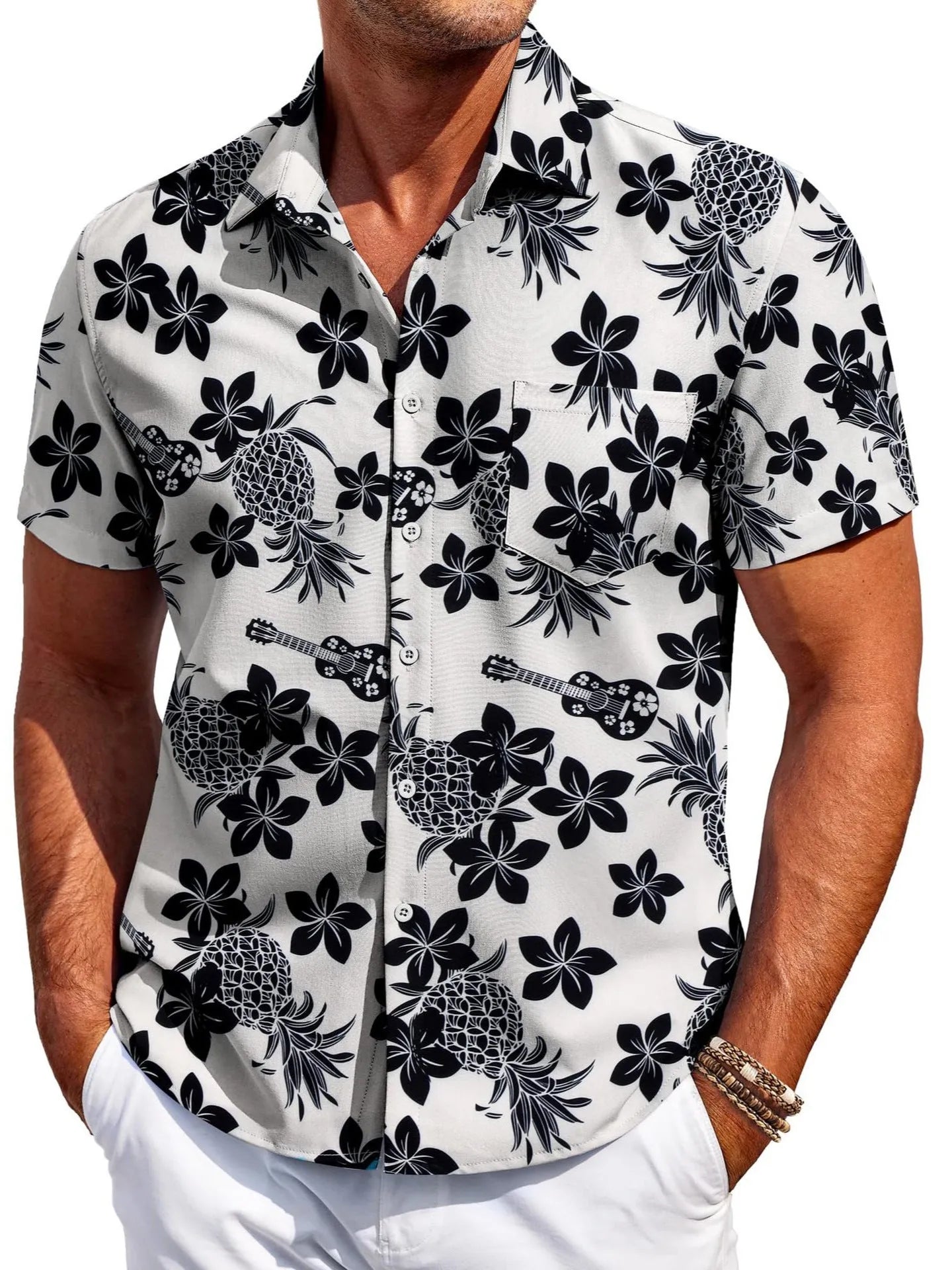 Men's slim fit short sleeve Hawaiian shirt in polyester fabric, shown in one of several available colours.