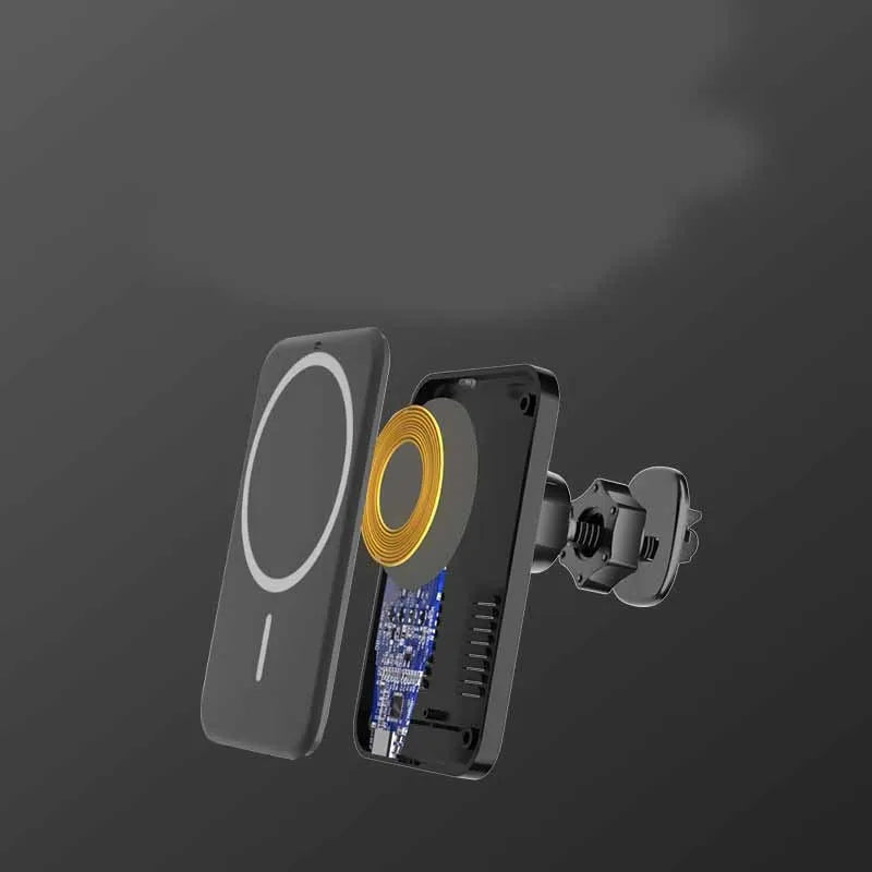 Black car magnetic wireless phone charger and air vent mount bracket showing Type-C port.
