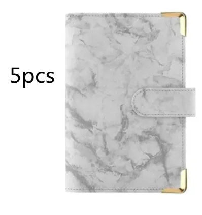 A6 loose-leaf binder journal with marbling leather PU cover, open to show budget sheets and zip pockets