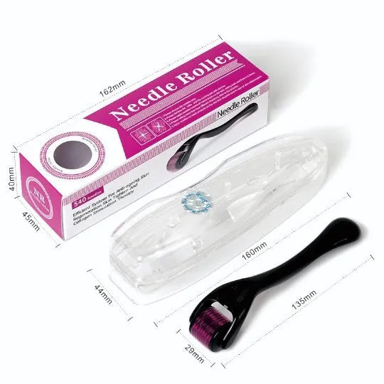 Titanium derma roller with 540 needles, showing black and purple colour options and six needle size indicators from 0.20mm to 1.00mm.
