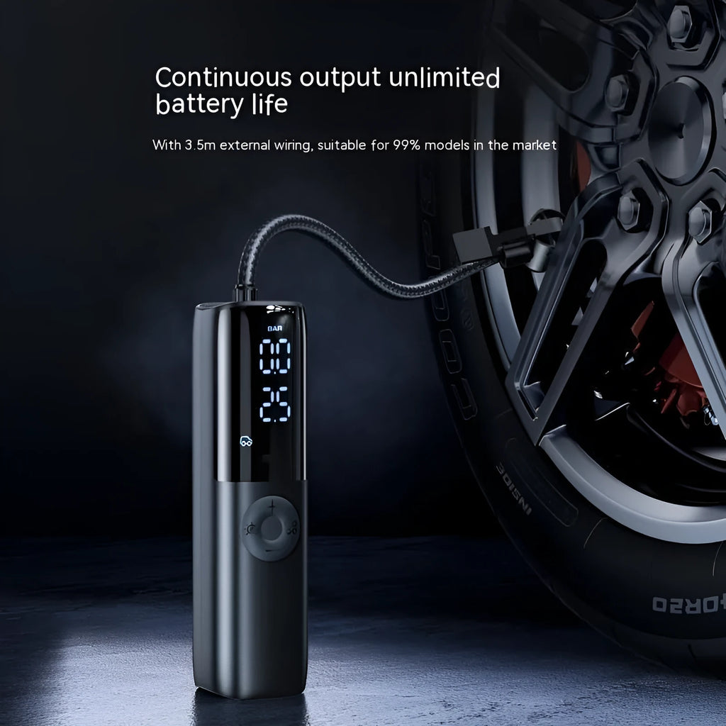 Black portable electric car air pump with tyre pressure gauge and inflation hose.