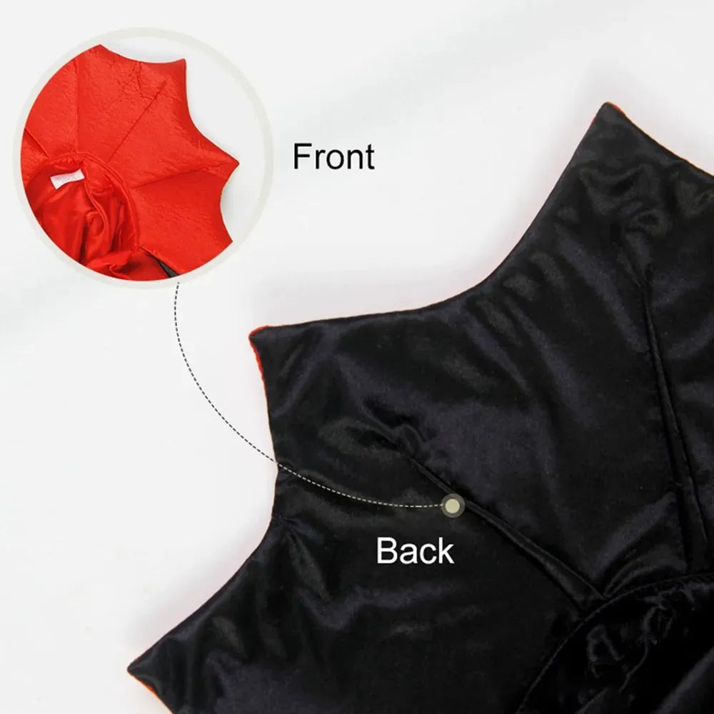 Small black vampire cloak costume on a mannequin, showing sizing for a pet.