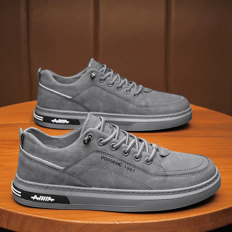 Men's low-top casual shoes with rubber sole and artificial PU upper in khaki, black, and grey colour options