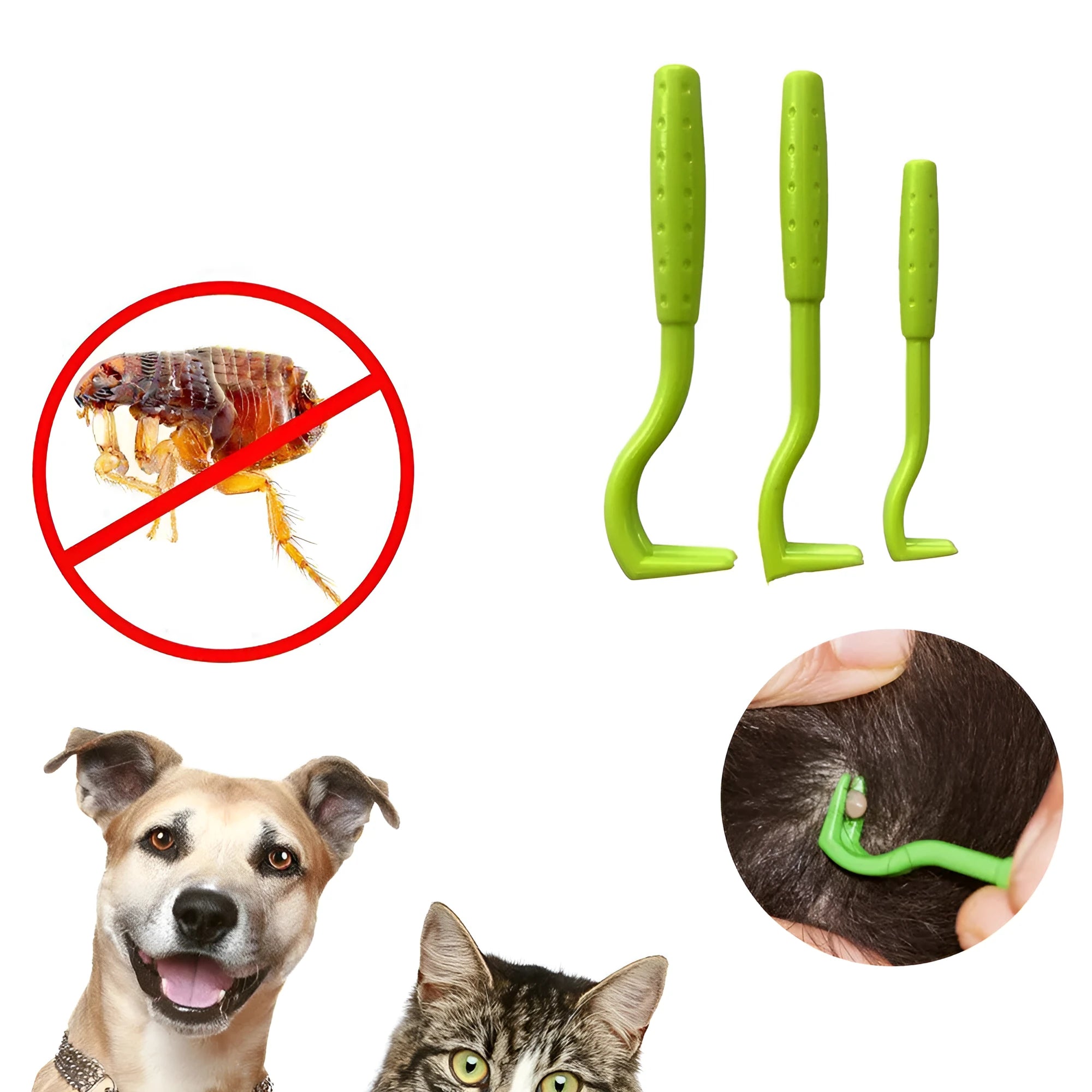 Three plastic tick removal clips for pets with hook design
