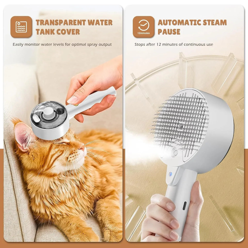Pink and white cat steam brush with spray tank, stainless steel bent bristles, and a one-click hair removal button.