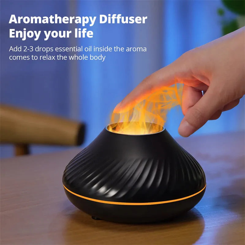 Beige volcanic flame aroma diffuser with LED lighting and mist output